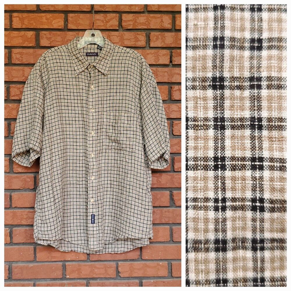 Vintage Gant Pure Linen Button Up Shirt Mens L Brown Plaid Short Sleeve 90s